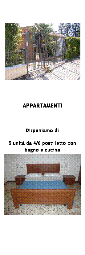 Casella di testo: APPARTAMENTI
 
Disponiamo di 
5 unit da 4/6 posti letto con bagno e cucina 

